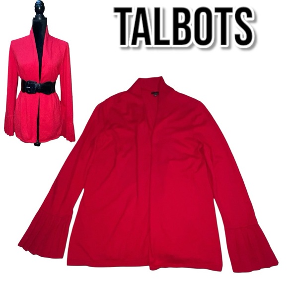 Talbots Cotton Cashmere Blend Red Open Cardigan Pleated Cuffs - Women’s Large - Picture 1 of 10